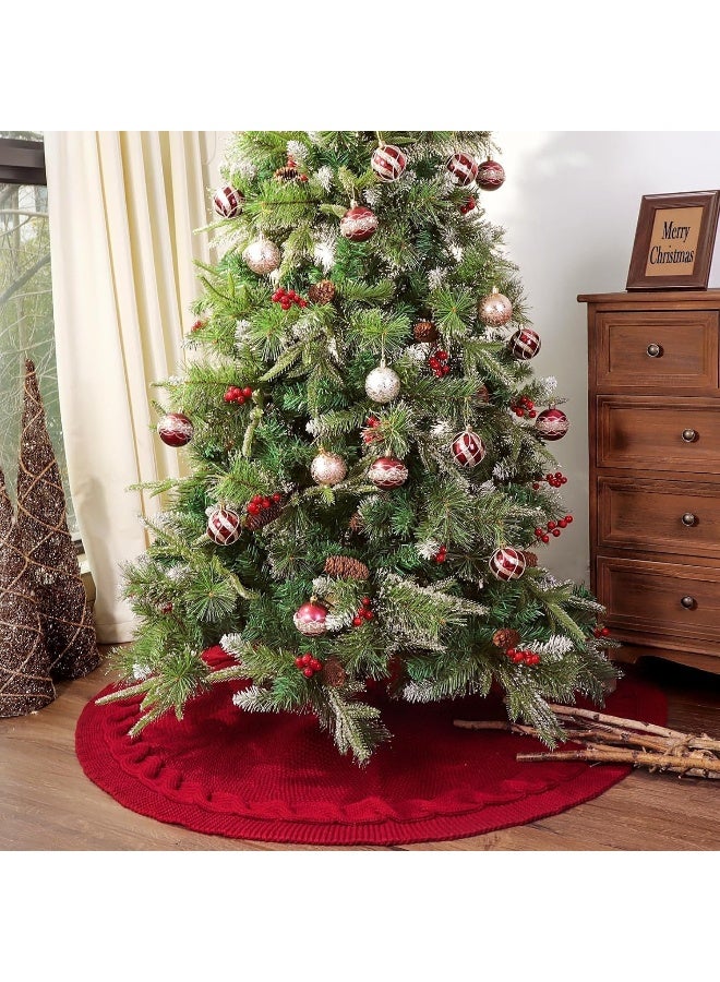 LimBridge Knitted Christmas Tree Skirt: 48 Inches Wine Red Tree Skirt, Chunky Cable Knit Thick Rustic Christmas Tree Decorations, Farmhouse Christmas Decor Xmas Holiday Home Party Decorations - Image 4