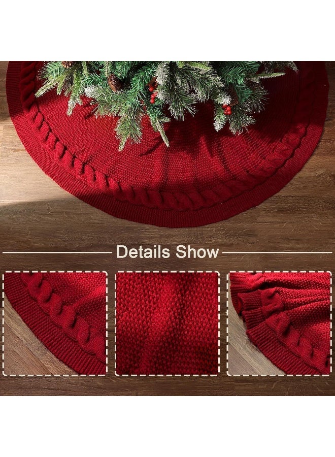 LimBridge Knitted Christmas Tree Skirt: 48 Inches Wine Red Tree Skirt, Chunky Cable Knit Thick Rustic Christmas Tree Decorations, Farmhouse Christmas Decor Xmas Holiday Home Party Decorations - Image 2
