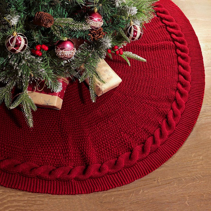 LimBridge Knitted Christmas Tree Skirt: 48 Inches Wine Red Tree Skirt, Chunky Cable Knit Thick Rustic Christmas Tree Decorations, Farmhouse Christmas Decor Xmas Holiday Home Party Decorations - Image 1