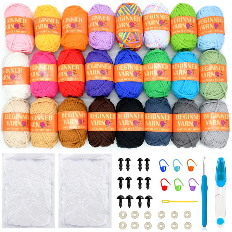 JOYTAG 24 Pack Beginners Crochet Yarn Blue Pink Purple Brown Rainbow Cotton Crochet Yarn for Crocheting Knitting Beginners with Easy-to-See Stitches Beginner Crochet Kit-24x25g - Image 1