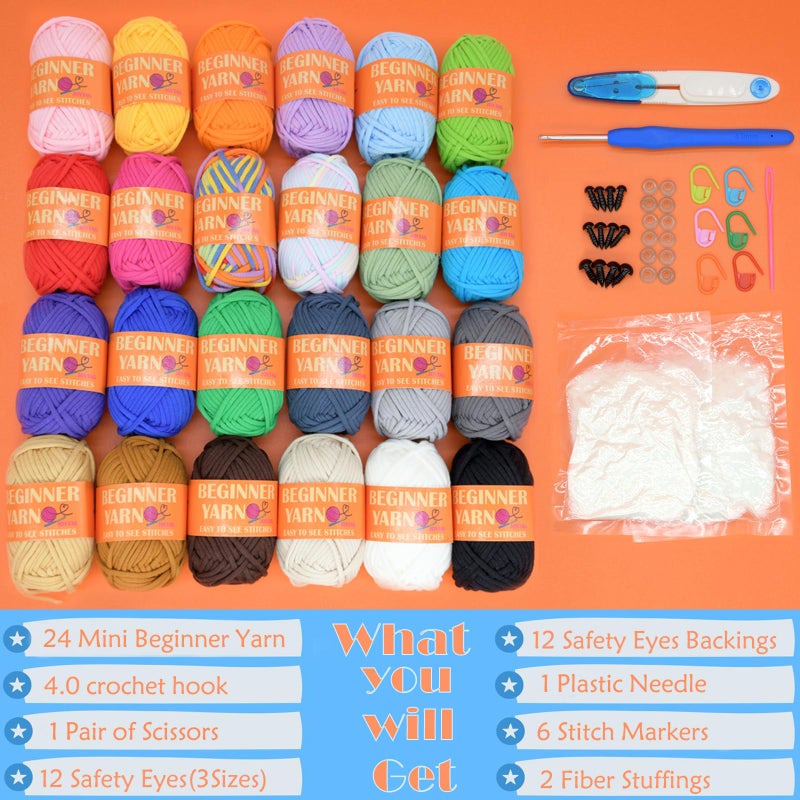 JOYTAG 24 Pack Beginners Crochet Yarn Blue Pink Purple Brown Rainbow Cotton Crochet Yarn for Crocheting Knitting Beginners with Easy-to-See Stitches Beginner Crochet Kit-24x25g - Image 4