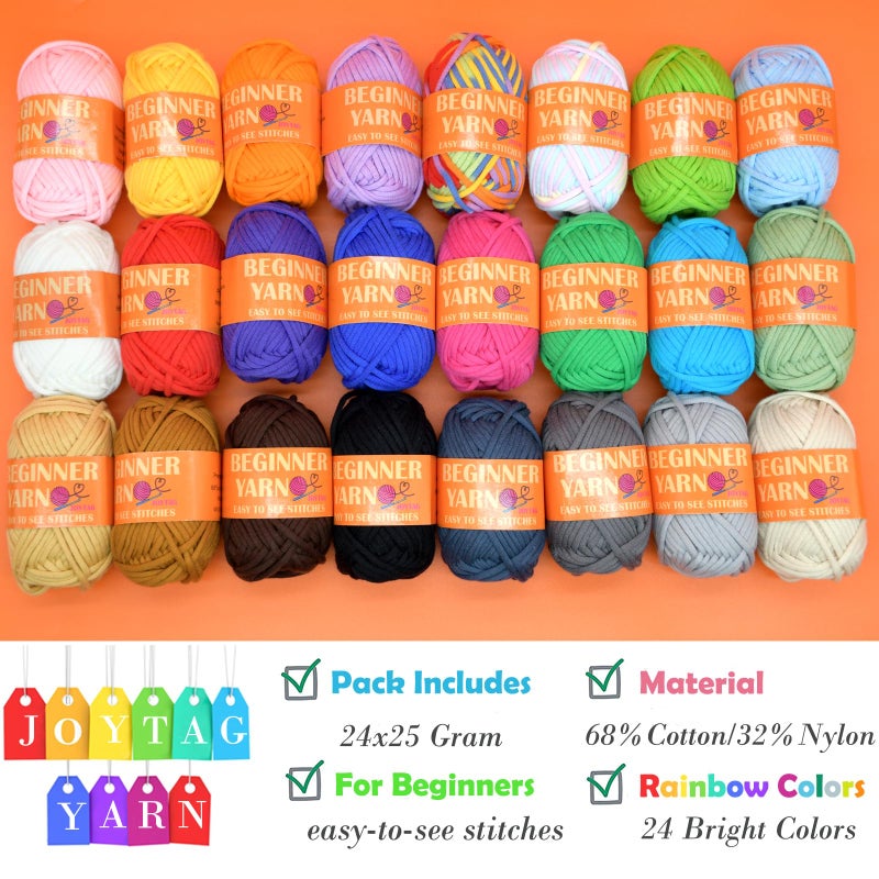 JOYTAG 24 Pack Beginners Crochet Yarn Blue Pink Purple Brown Rainbow Cotton Crochet Yarn for Crocheting Knitting Beginners with Easy-to-See Stitches Beginner Crochet Kit-24x25g - Image 3