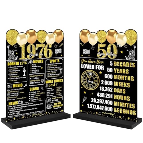 Guiruiy Black Gold 50th Birthday Decorations for Men Women, Two-Sided Vintage 50 Back in 1976 Theme Poster Wooden Table Sign with Stand, Fifty Years Old Bday Centerpieces Display Holder for Table Decor - Image 1