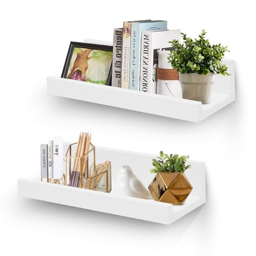 Muzilife 12" Small Floating Wall Ledge Shelves with Lip - Set of 2 Wood Floating Shelves - White Wall Mounted Picture Ledge for Office, Bathroom, Bedroom, Living Room, Kitchen - Image 1