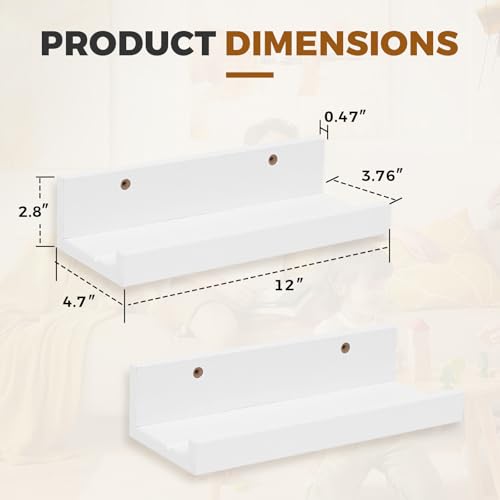 Muzilife 12" Small Floating Wall Ledge Shelves with Lip - Set of 2 Wood Floating Shelves - White Wall Mounted Picture Ledge for Office, Bathroom, Bedroom, Living Room, Kitchen - Image 2