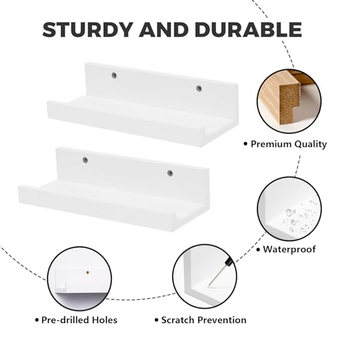 Muzilife 12" Small Floating Wall Ledge Shelves with Lip - Set of 2 Wood Floating Shelves - White Wall Mounted Picture Ledge for Office, Bathroom, Bedroom, Living Room, Kitchen - Image 4