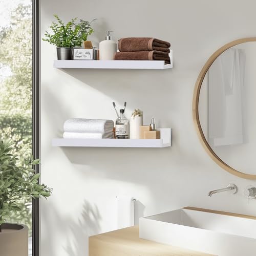 Muzilife 12" Small Floating Wall Ledge Shelves with Lip - Set of 2 Wood Floating Shelves - White Wall Mounted Picture Ledge for Office, Bathroom, Bedroom, Living Room, Kitchen - Image 5