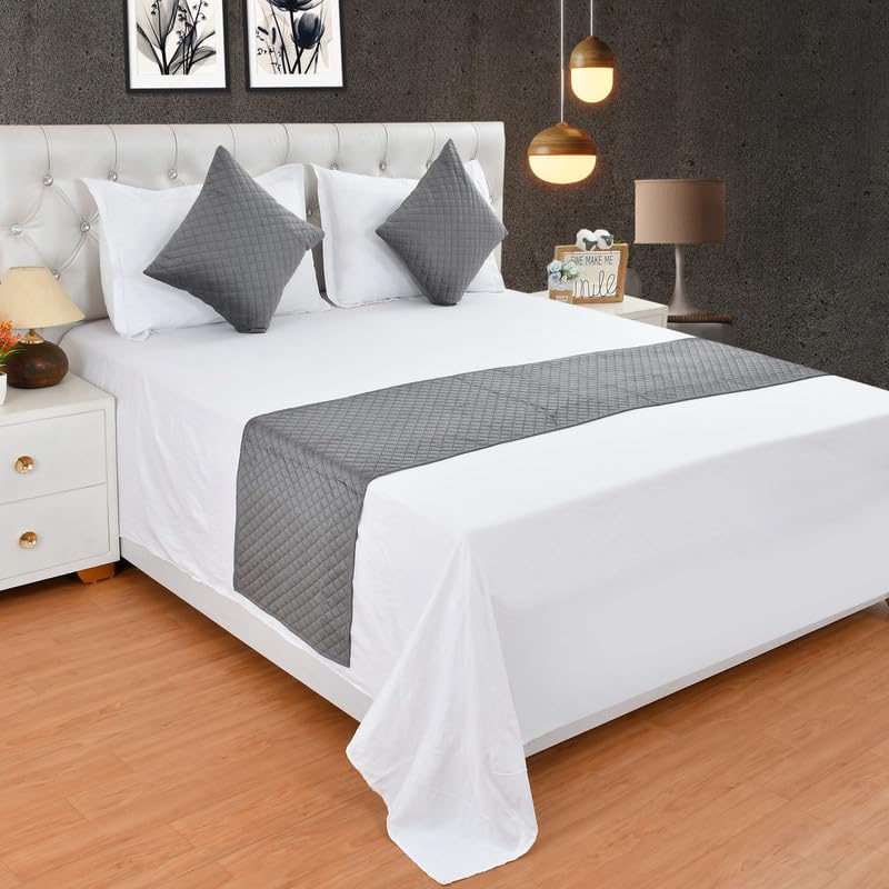 YUKU 200TC Solid Quilted Velvet Bed Runner Scarf with Matching Cushion Covers/Slipcover Mattress Protector/Bed Linen Scarf/Decorative Set for Bedrooms/Hotel Rooms/Guest Rooms (Grey) - Image 1