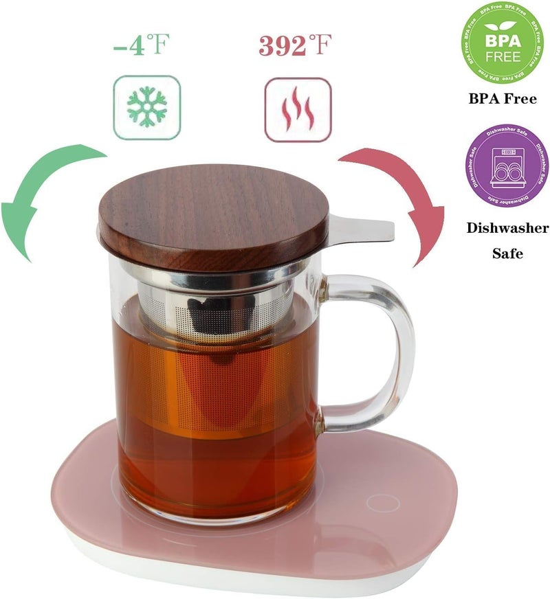 COMI Tea Cup with Infuser Walnut Lid&Handle, Glass Tea Cups with Wide Mouth Extra Large Capacity, Stainless Steel Tea Infuser Mug for Loose Leaf Tea Steeping(2PCS,14oz/400ml) - Image 4