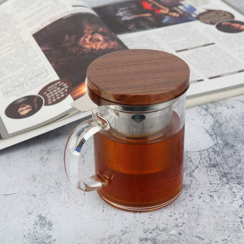 COMI Tea Cup with Infuser Walnut Lid&Handle, Glass Tea Cups with Wide Mouth Extra Large Capacity, Stainless Steel Tea Infuser Mug for Loose Leaf Tea Steeping(2PCS,14oz/400ml) - Image 5