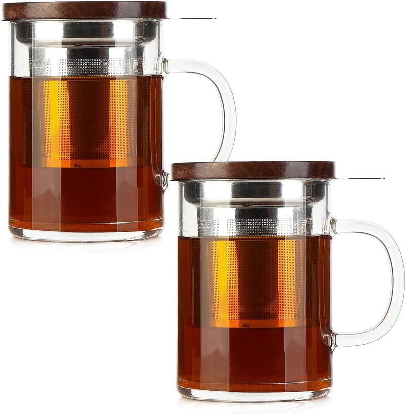 COMI Tea Cup with Infuser Walnut Lid&Handle, Glass Tea Cups with Wide Mouth Extra Large Capacity, Stainless Steel Tea Infuser Mug for Loose Leaf Tea Steeping(2PCS,14oz/400ml) - Image 1