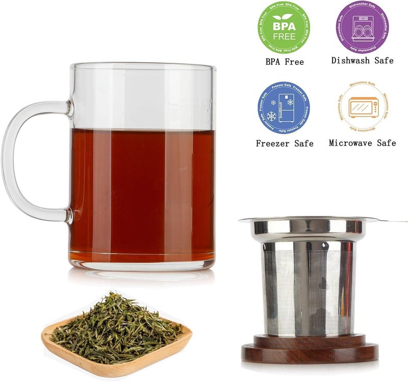 COMI Tea Cup with Infuser Walnut Lid&Handle, Glass Tea Cups with Wide Mouth Extra Large Capacity, Stainless Steel Tea Infuser Mug for Loose Leaf Tea Steeping(2PCS,14oz/400ml) - Image 2