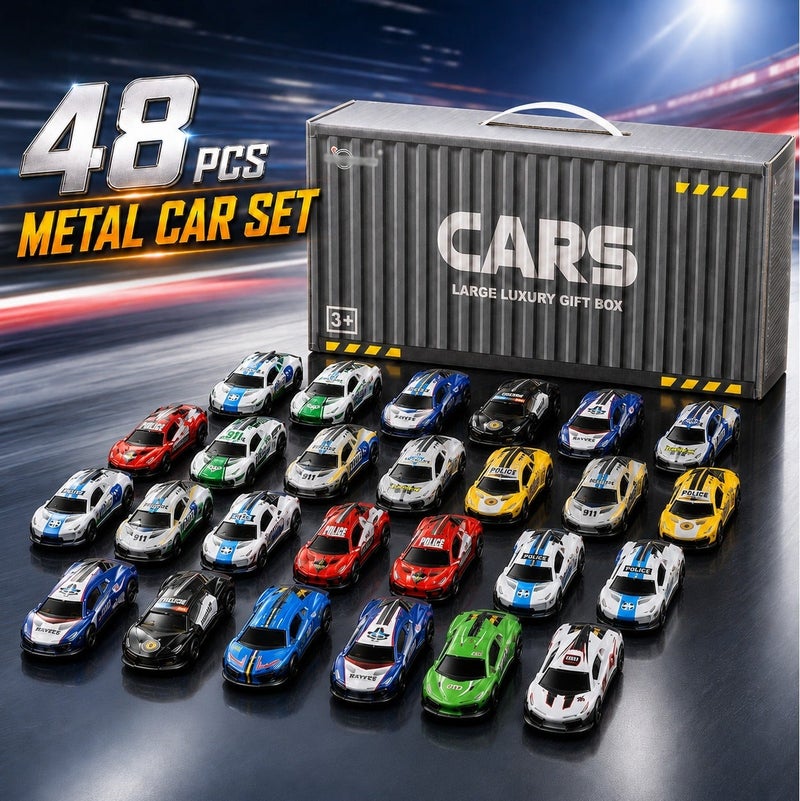 O2. 48PCS 7.5cm Alloy Pull Back Cars Set with Storage Truck & Parking Playmat, Police Racing and Sport Diecast Cars Toy with Multi-Drawer Organizer Truck, Battery-Free Pull Back Vehicle Playset for Kids - Image 2