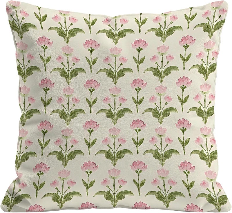 Identiy Pink Green Vintage Floral Throw Pillow Cover 18x18 Inch Pack of 1, Cute Blooming Flowers Decorative Pillow Case, Lumar Cushion Pillow Cover for Home Sofa Couch Indoor Outdoor - Image 1