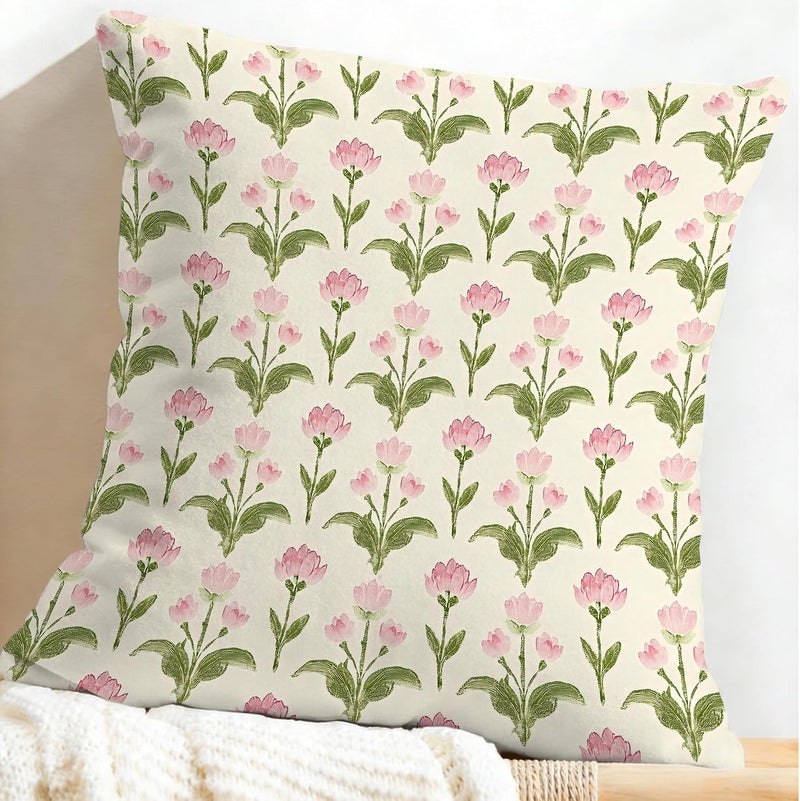 Identiy Pink Green Vintage Floral Throw Pillow Cover 18x18 Inch Pack of 1, Cute Blooming Flowers Decorative Pillow Case, Lumar Cushion Pillow Cover for Home Sofa Couch Indoor Outdoor - Image 5
