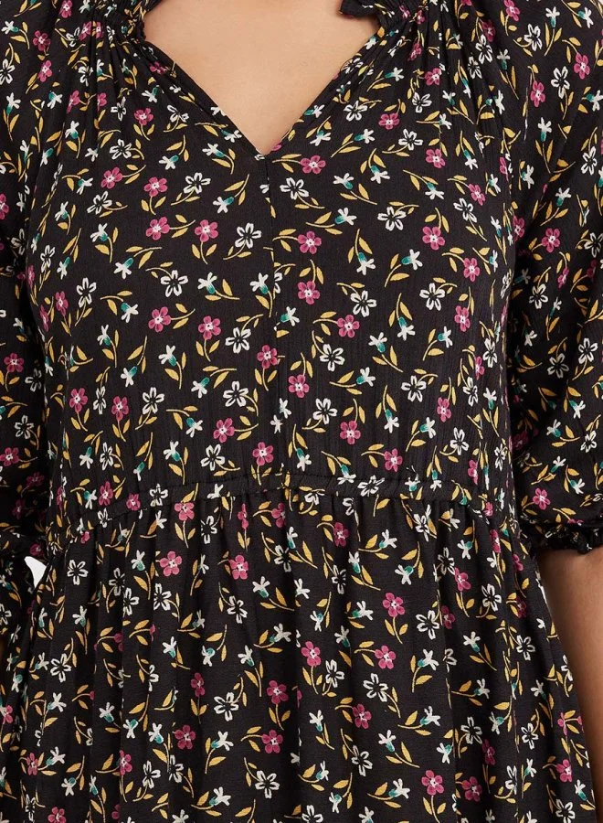 Styli 3/4 Sleeves Floral All Over Print A-Line Maxi Dress