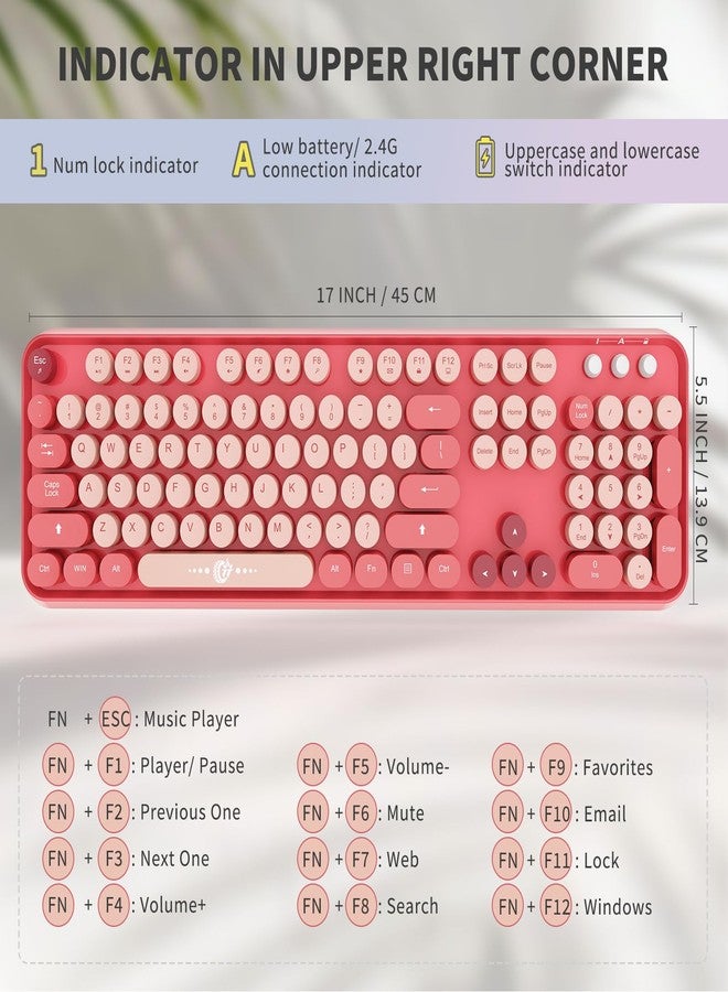 FD Wireless Keyboard and Mouse Combo - 2.4G Full-Sized Cute Colorful Mouse and Keyboard with 104 Round Keys Retro Typewriter Keyboard for Laptop/Windows/PC - Pink Colorful - Image 3