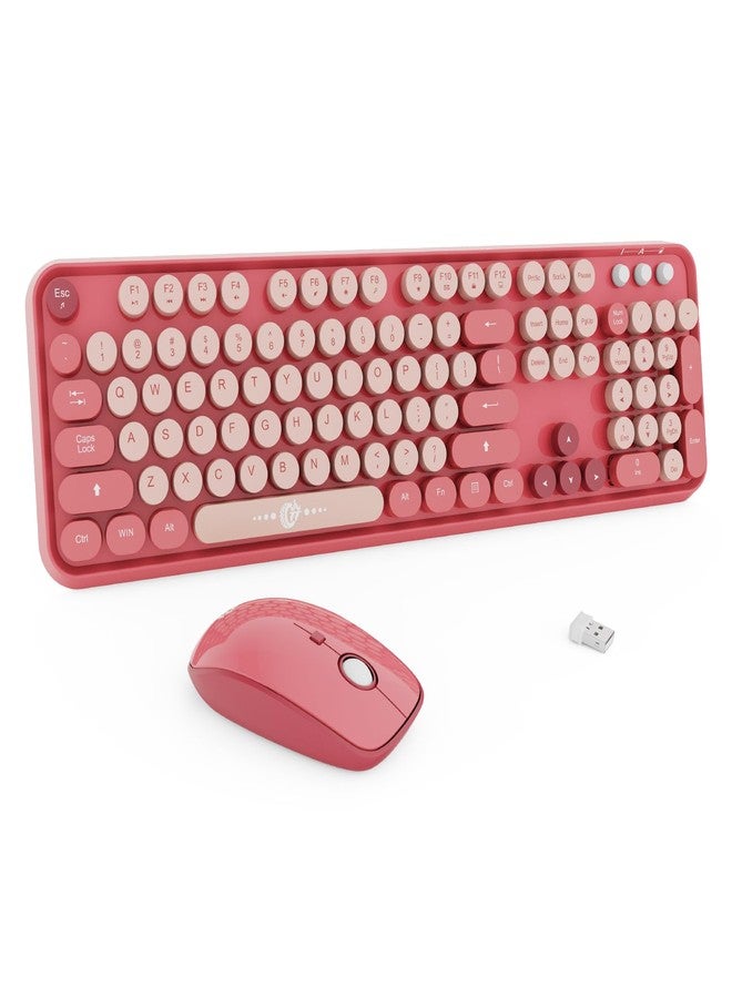 FD Wireless Keyboard and Mouse Combo - 2.4G Full-Sized Cute Colorful Mouse and Keyboard with 104 Round Keys Retro Typewriter Keyboard for Laptop/Windows/PC - Pink Colorful - Image 1