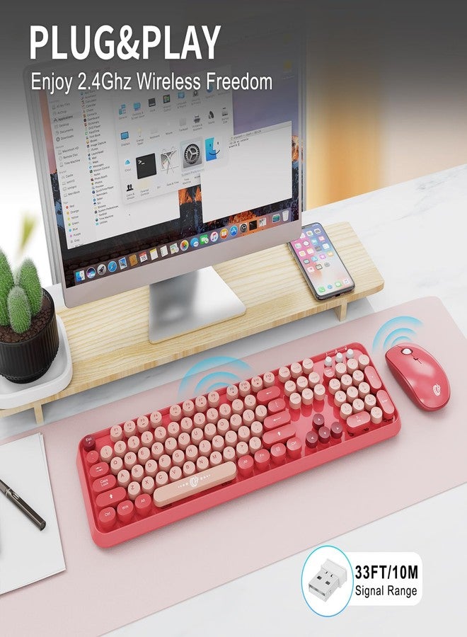 FD Wireless Keyboard and Mouse Combo - 2.4G Full-Sized Cute Colorful Mouse and Keyboard with 104 Round Keys Retro Typewriter Keyboard for Laptop/Windows/PC - Pink Colorful - Image 2