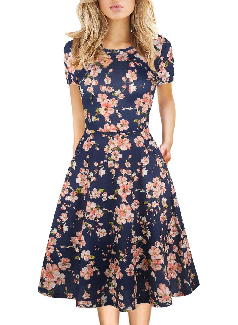 HELYO Prime Wardrobe Womens Clothing Vintage Beautiful Casual Short Sleeve Ladies Floral Fit Flare Party Cocktail Aline Swing Dress 162 (M, Navy) - Image 1