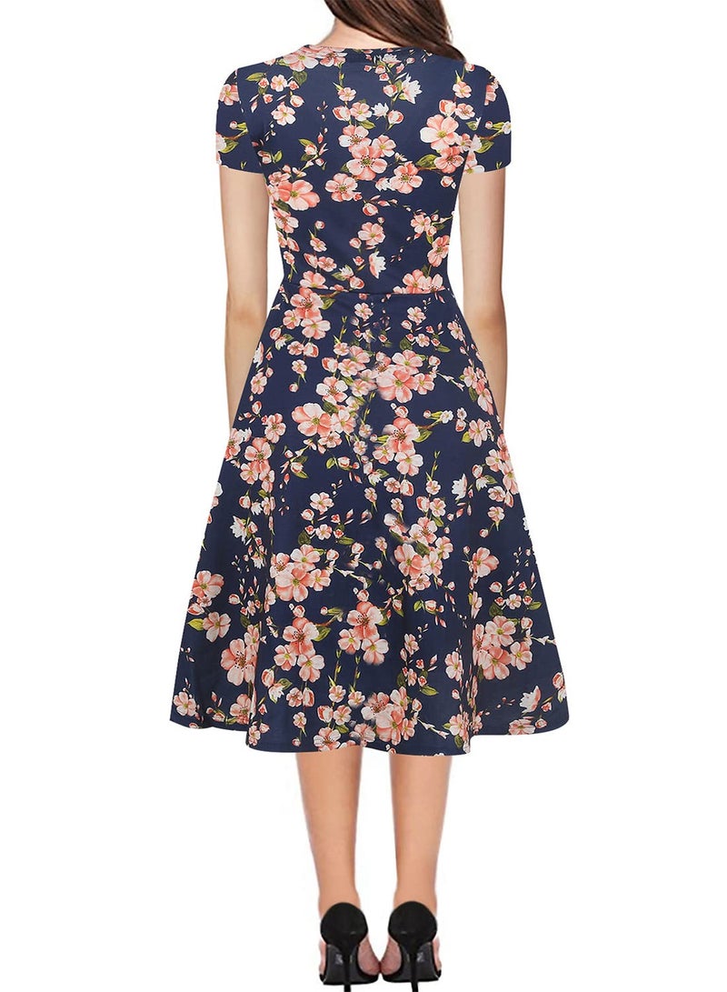HELYO Prime Wardrobe Womens Clothing Vintage Beautiful Casual Short Sleeve Ladies Floral Fit Flare Party Cocktail Aline Swing Dress 162 (M, Navy) - Image 2