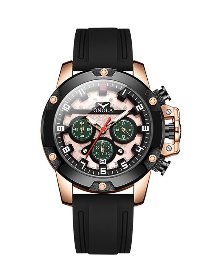 ONOLA ​​ONOLA Men's Chronograph Quartz Watch - Rose Gold Bezel with Black Dial, Waterproof Silicone Strap, 30M Water Resistance, Sporty Style, Ideal for Daily Wear, Gym Training & Casual Activities​​ - Image 1