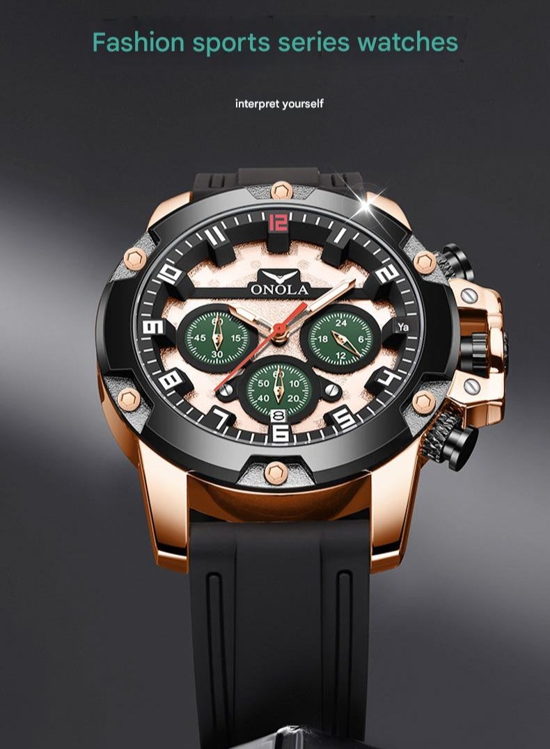 ONOLA ​​ONOLA Men's Chronograph Quartz Watch - Rose Gold Bezel with Black Dial, Waterproof Silicone Strap, 30M Water Resistance, Sporty Style, Ideal for Daily Wear, Gym Training & Casual Activities​​ - Image 2