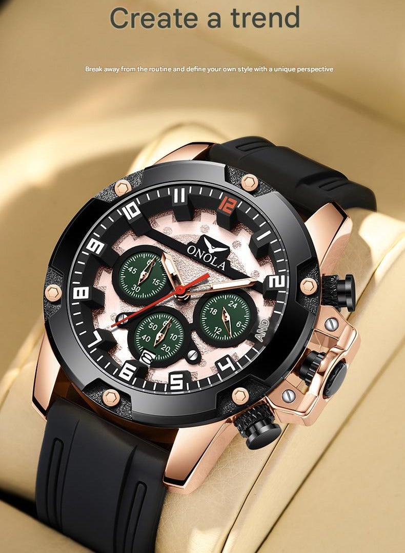 ONOLA ​​ONOLA Men's Chronograph Quartz Watch - Rose Gold Bezel with Black Dial, Waterproof Silicone Strap, 30M Water Resistance, Sporty Style, Ideal for Daily Wear, Gym Training & Casual Activities​​ - Image 3