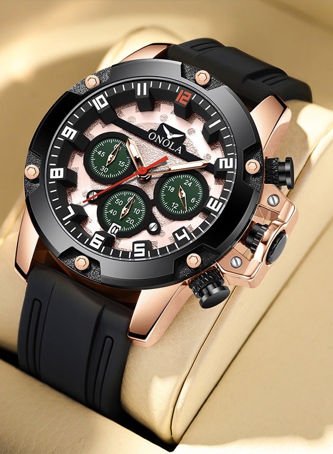 ONOLA ​​ONOLA Men's Chronograph Quartz Watch - Rose Gold Bezel with Black Dial, Waterproof Silicone Strap, 30M Water Resistance, Sporty Style, Ideal for Daily Wear, Gym Training & Casual Activities​​ - Image 4