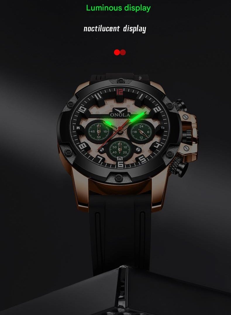 ONOLA ​​ONOLA Men's Chronograph Quartz Watch - Rose Gold Bezel with Black Dial, Waterproof Silicone Strap, 30M Water Resistance, Sporty Style, Ideal for Daily Wear, Gym Training & Casual Activities​​ - Image 5