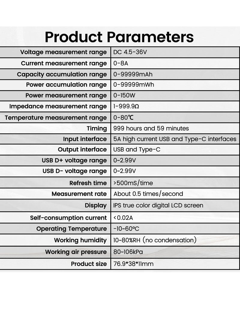 USB C Tester 2 in 1 Color Screen Digital Multimeter for Voltage Current Power Resistance Temperature Capacity Time Fast Charging Dual Interface Multiple Protocols - Image 5