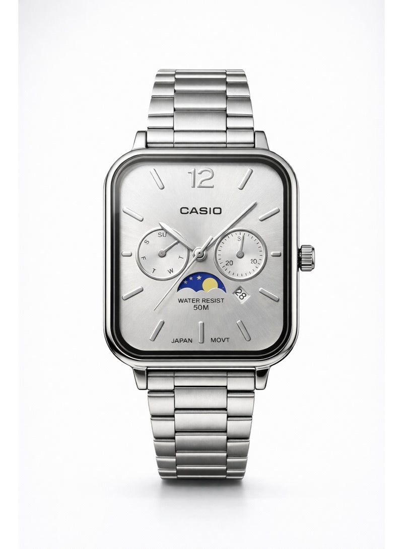 Casio Men's Multifunction Analog Watch – Silver Dial Stainless Steel Strap, Date Display & 50M Water Resistant Square Watch