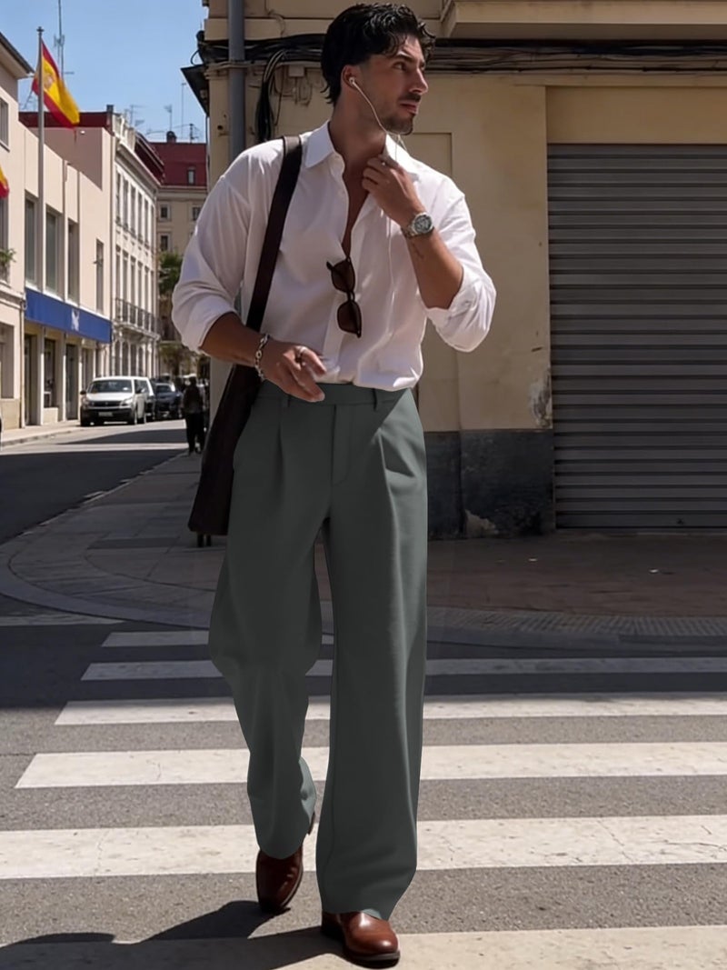 JMIERR Mens Baggy Casual Dress Pants Lightweight Pleated Old Money Wide Leg Pants Loose Relaxed Fit Trousers Dark Grey - Image 2