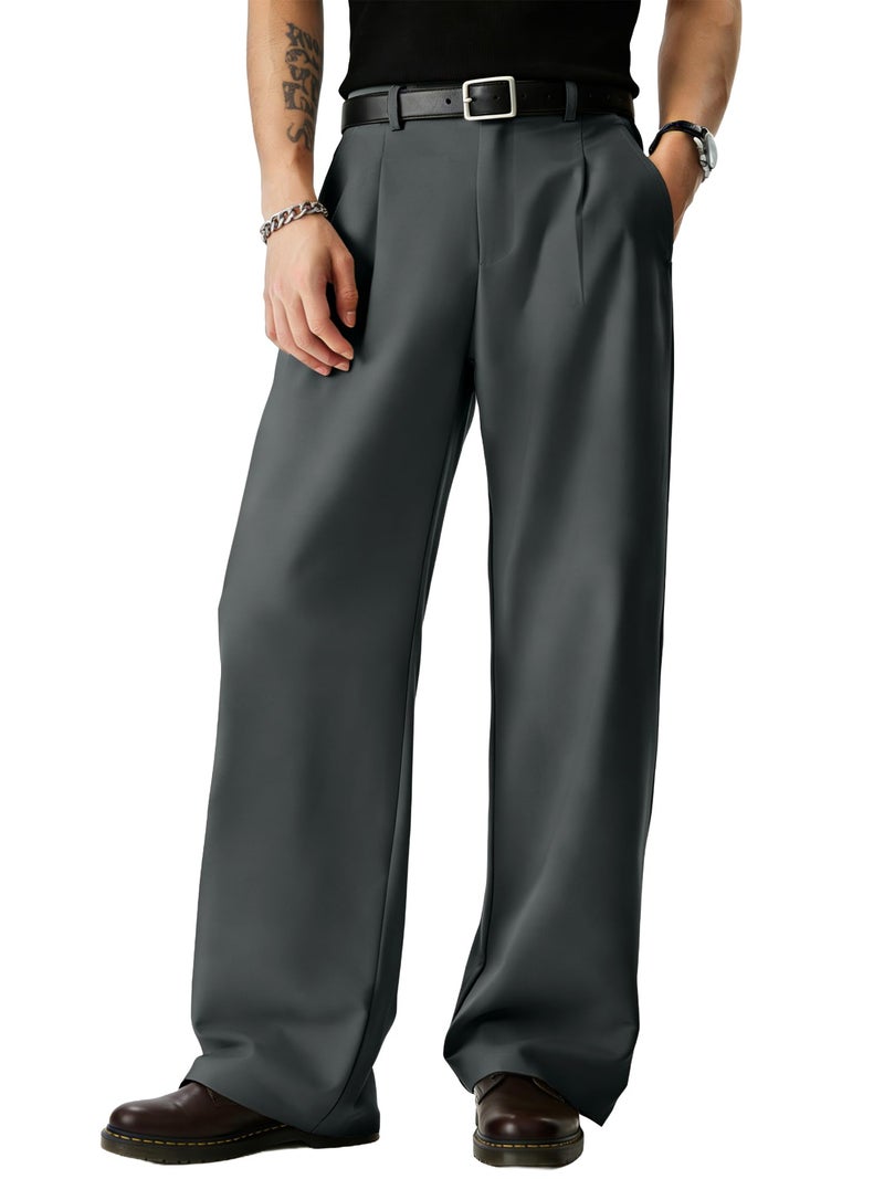 JMIERR Mens Baggy Casual Dress Pants Lightweight Pleated Old Money Wide Leg Pants Loose Relaxed Fit Trousers Dark Grey - Image 1