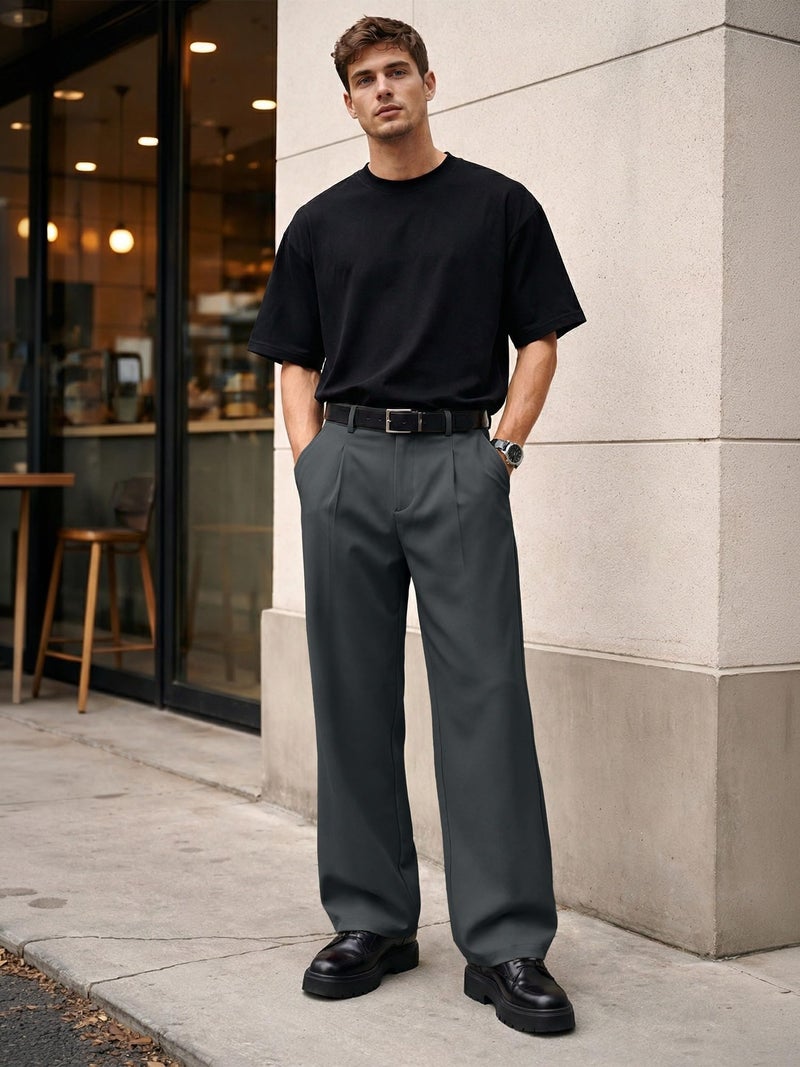 JMIERR Mens Baggy Casual Dress Pants Lightweight Pleated Old Money Wide Leg Pants Loose Relaxed Fit Trousers Dark Grey - Image 3
