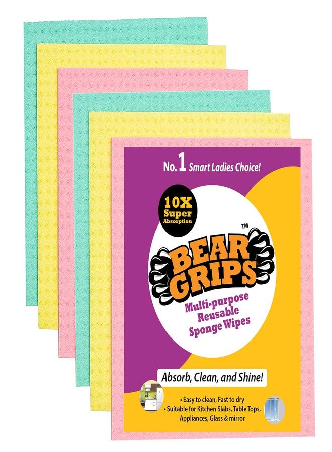 BEAR GRIPS resuable and Washable Sponge Wipes with Super absorbant Biodegradable Cellulose Material for Kitchen and Home Cleaning (Multicolored) - Pack of 6 - Image 1