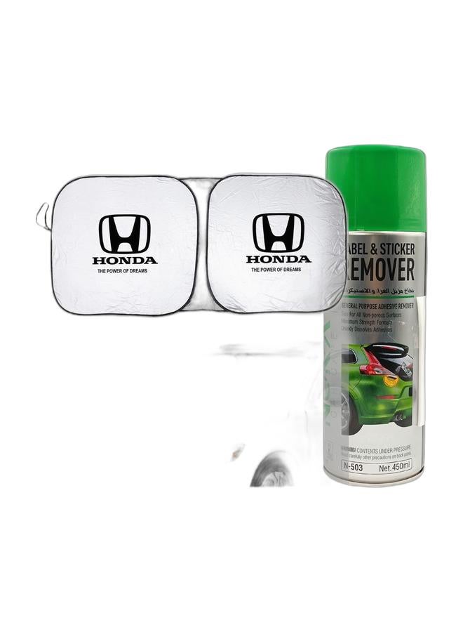 Honda Car Windshield Sunshade + Nora Label & Sticker Remover Combo – UV Heat Shield for Cars with 450ml Adhesive Remover Spray for Stickers, Labels & Residue - Image 1