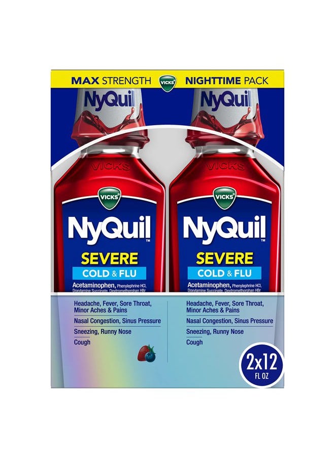 Vicks NyQuil SEVERE Cold, Flu, and Congestion Medicine, 2x12 fl oz Twin Pack, Berry Flavor, Maximum Strength, Nighttime Relief  - Image 1
