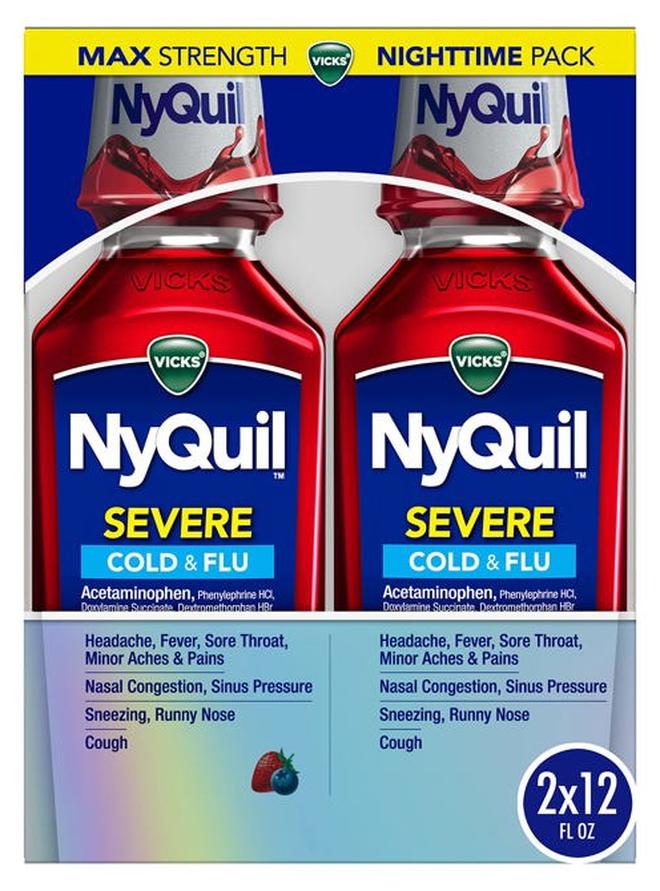 Vicks NyQuil SEVERE Cold, Flu, and Congestion Medicine, 2x12 fl oz Twin Pack, Berry Flavor, Maximum Strength, Nighttime Relief - Image 1