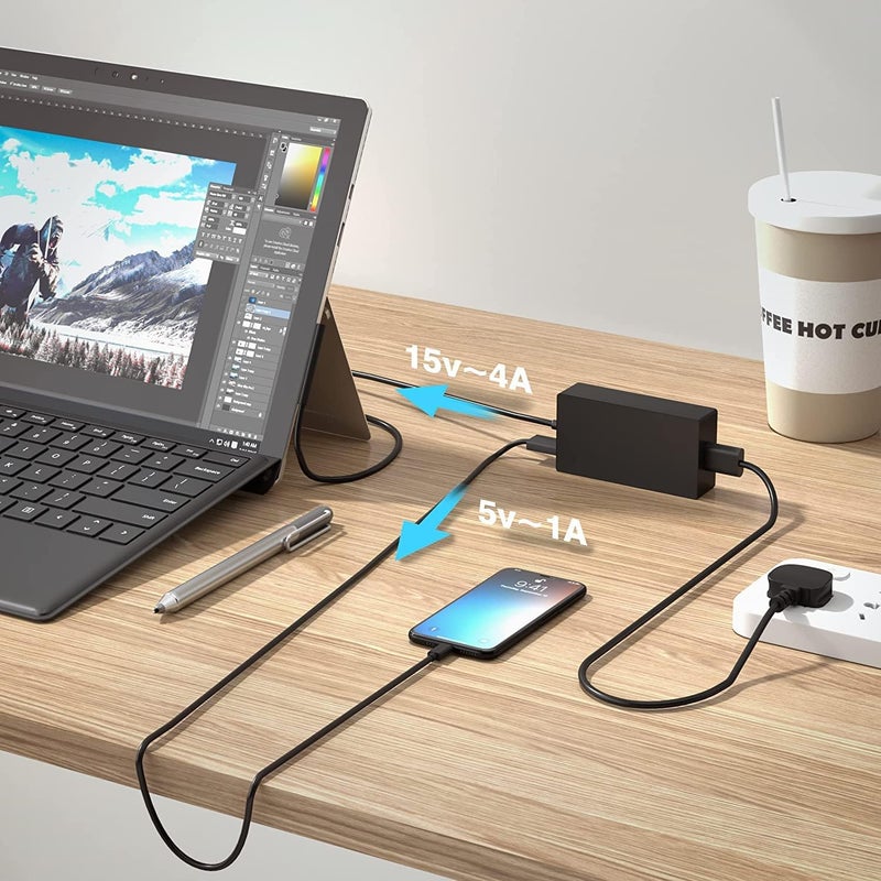 فينسوك شاحن بقدرة 65 واط، مزود طاقة 15 فولت/4 أمبير متوافق مع شاحن Microsoft Surface لأجهزة Laptop 4/5/6 وTablet Surface Pro 3/4/5/6/7/8/9/X/11 وSurface Go Go2/3 وSurface Book Laptop Studio مع منفذ شحن USB - Image 3