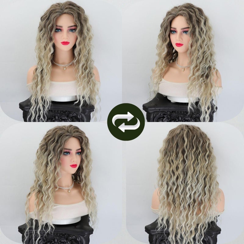Fencca Ash Blonde Long Curly Wigs for Women Ombre Color Heat Synthetic Curly Wig Mix Blonde Curly Wavy Wig Layered Natural Daily Party Wig - Image 1