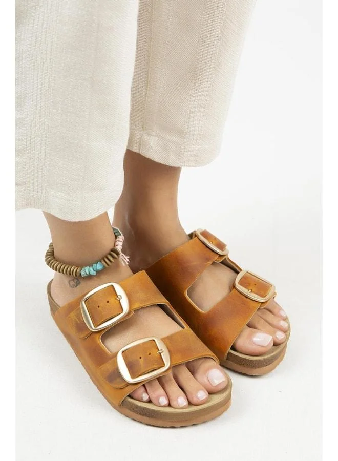 Manijero  Irene Vintage Women's Genuine Leather Double Buckle Tan Gold Slippers - Brown for Women | Best Price UAE
