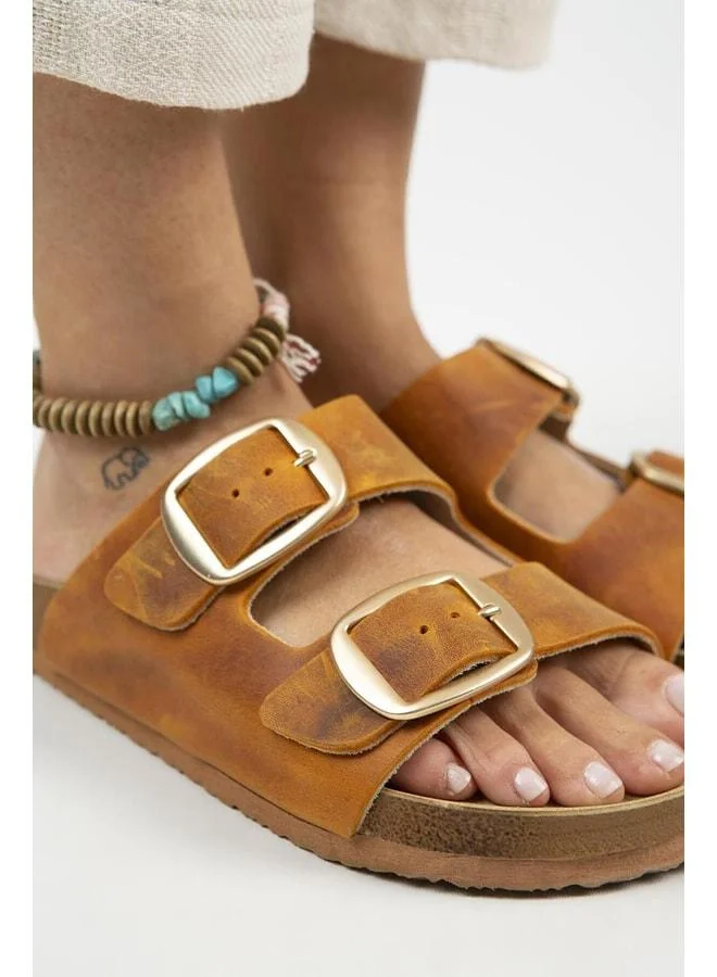 Manijero  Irene Vintage Women's Genuine Leather Double Buckle Tan Gold Slippers - Brown for Women | Best Price UAE
