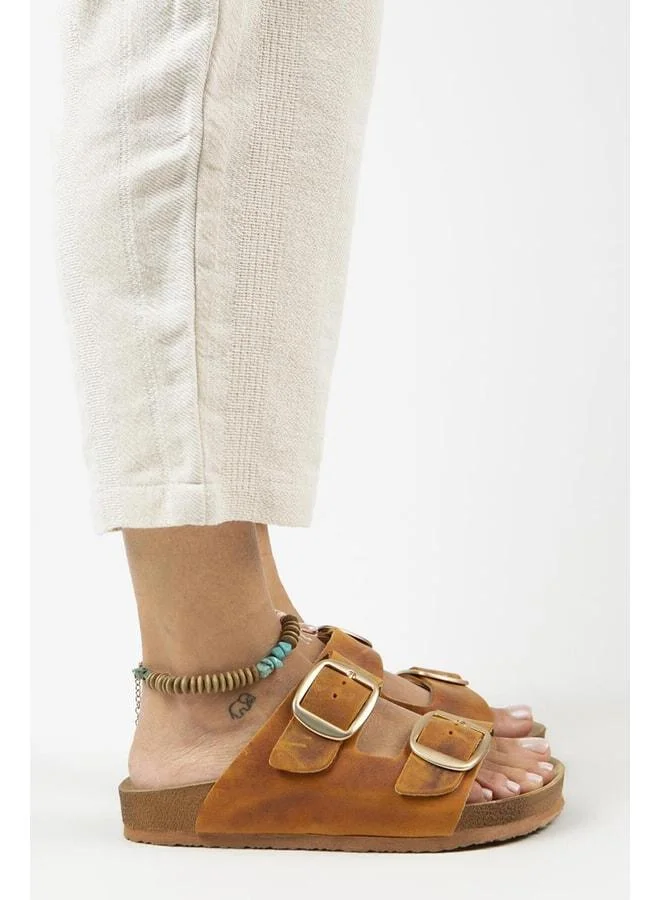 Irene Vintage Women's Genuine Leather Double Buckle Tan Gold Slippers - Brown