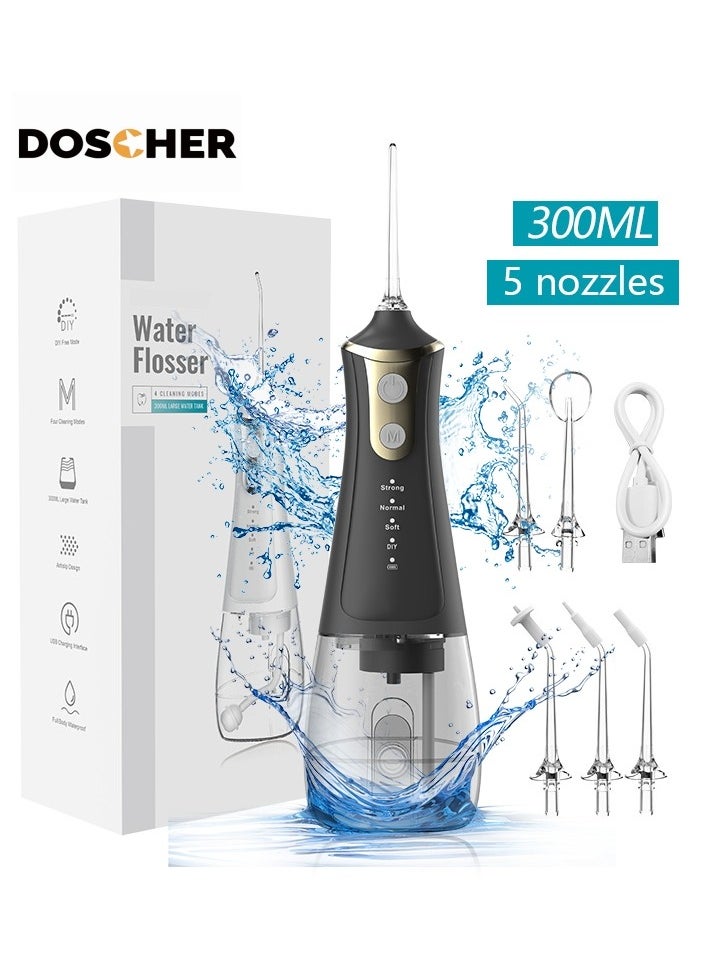 DOSCHER Portable Water Dental Flosser For Teeth Cleaning Dental Oral Irrigator With 4 Modes Scalable 5 Jet Nozzles IPX7 Water Resistance 300ML 