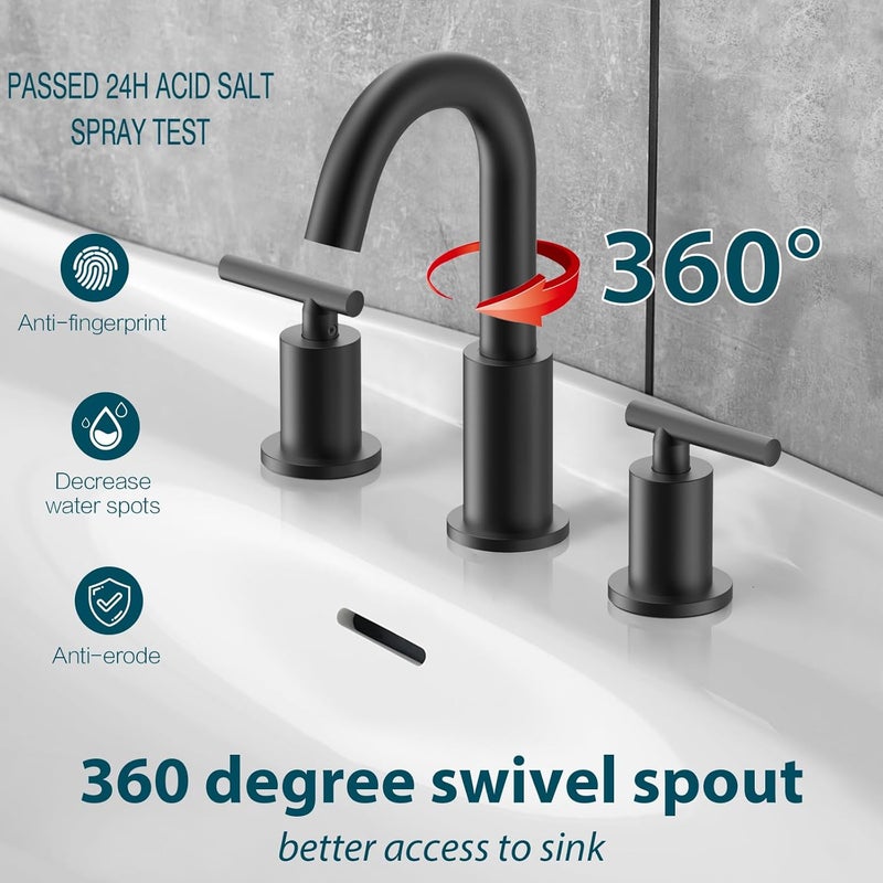 TRUSTMI 2 Handle 8-Inch Widespread Bathroom Faucet Matte Black 3 Hole Brass Bathroom Vanity Sink Faucet with 360° Swivel Spout, Include Overflow Drain and cUPC Supply Lines - Image 4