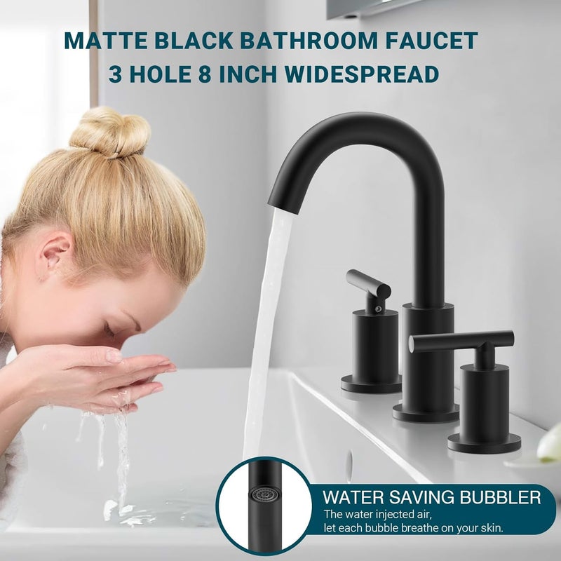 TRUSTMI 2 Handle 8-Inch Widespread Bathroom Faucet Matte Black 3 Hole Brass Bathroom Vanity Sink Faucet with 360° Swivel Spout, Include Overflow Drain and cUPC Supply Lines - Image 2