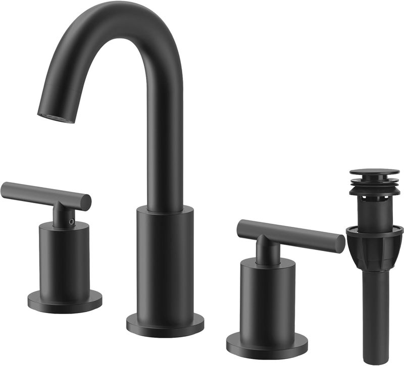 TRUSTMI 2 Handle 8-Inch Widespread Bathroom Faucet Matte Black 3 Hole Brass Bathroom Vanity Sink Faucet with 360° Swivel Spout, Include Overflow Drain and cUPC Supply Lines - Image 1