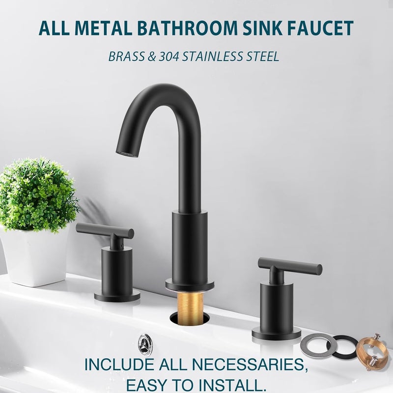 TRUSTMI 2 Handle 8-Inch Widespread Bathroom Faucet Matte Black 3 Hole Brass Bathroom Vanity Sink Faucet with 360° Swivel Spout, Include Overflow Drain and cUPC Supply Lines - Image 3