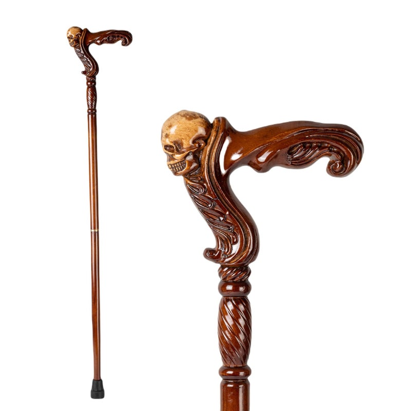THY COLLECTIBLES Hand Carved Wooden Walking Cane with Ergonomic Handle and Rubber Tip for Men and Women Fashionable Unique Walking Stick for Seniors 37 inch Skull - Image 3